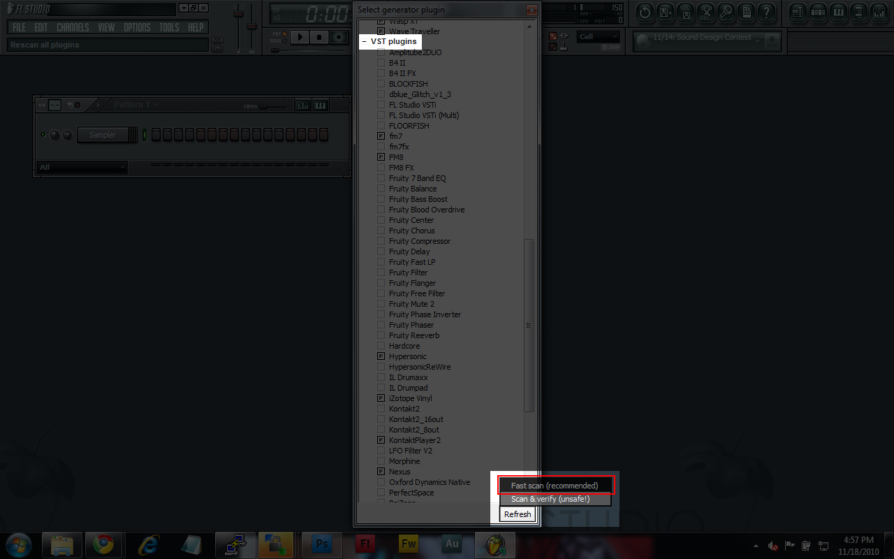 Adding a new VSTi to FLStudio. Scanning for new VST's.